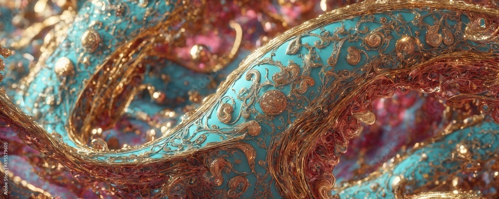 a close up of a gold and turquoise colored abstract background