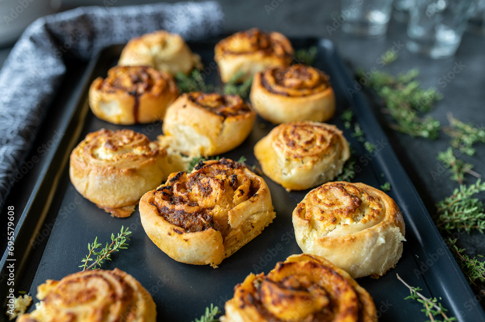 Savory pastry rolls with two filling. Minced Meat and feta cheese. Delicious party food Savory pastry rolls with two filling. Minced Meat and feta cheese. Delicious party food