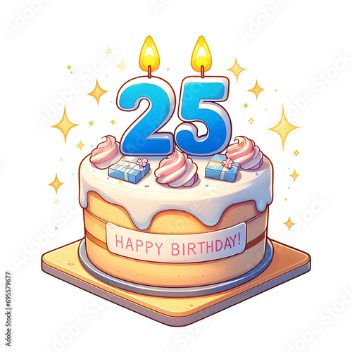 25 year old birthday cake or 25 year anniversary cake celebration with balloons and party decoration transparent background	