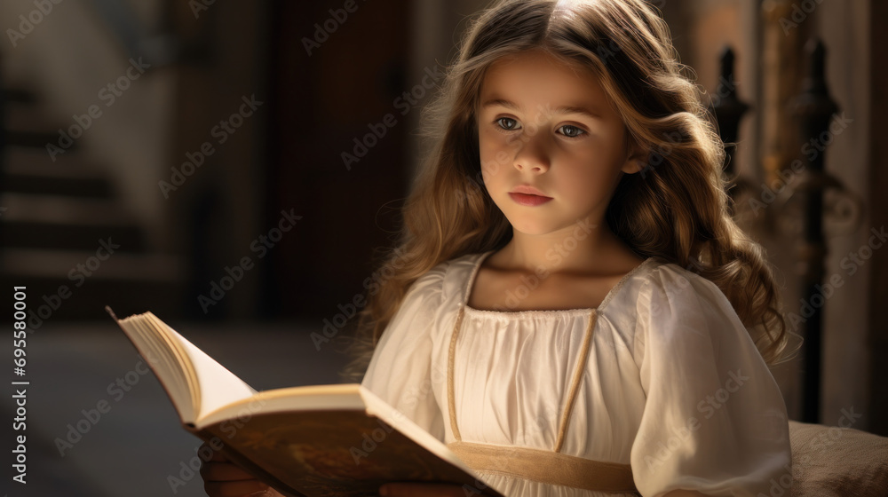 A young girl looking inspired while reading about famous women in history. A young girl looking inspired while reading about famous women in history.