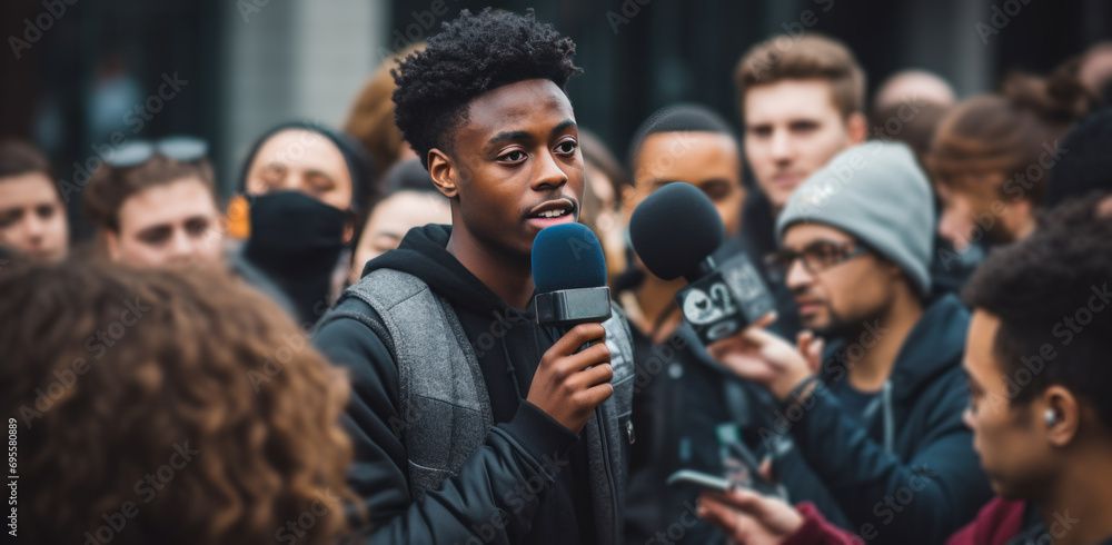 a young black man with microphones talking to a crowd - obrazy, fototapety, plakaty 