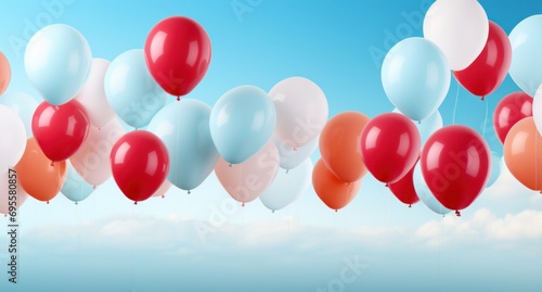 colorful balloons floating on blue background