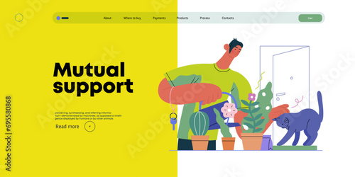Mutual Support: Look after neighbor's house -modern flat vector concept illustration of man watering plants, looking after neighbors' cat A metaphor of voluntary, collaborative exchanges of services