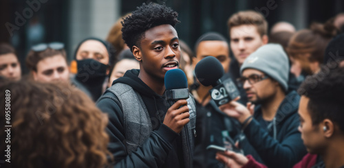 a young black man with microphones talking to a crowd photo