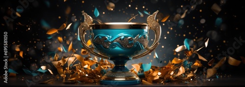 a trophy on a blue background with confetti scattered around