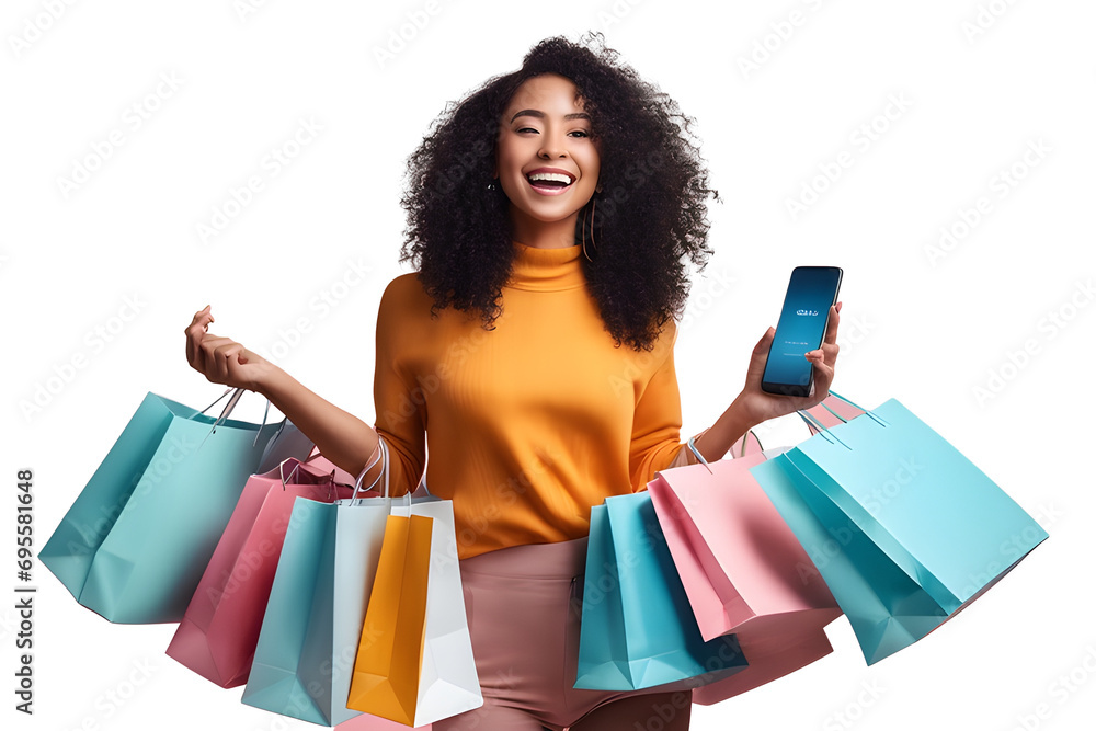 Positive smiling stylish pretty curly young black lady with smartphone and shopping bags in her hands, shopping online while season sale. - obrazy, fototapety, plakaty 