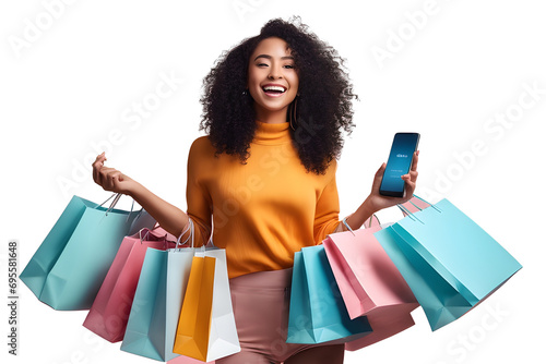 Positive smiling stylish pretty curly young black lady with smartphone and shopping bags in her hands, shopping online while season sale. photo