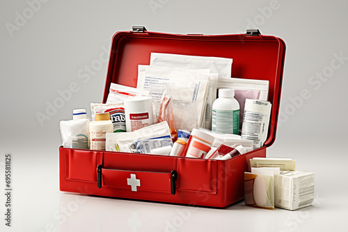 Large open red first aid kit with a white cross with pills and various first aid medications inside. Isolated on white background photo