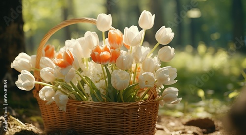 bouquet of white tulips in a basket © ArtCookStudio