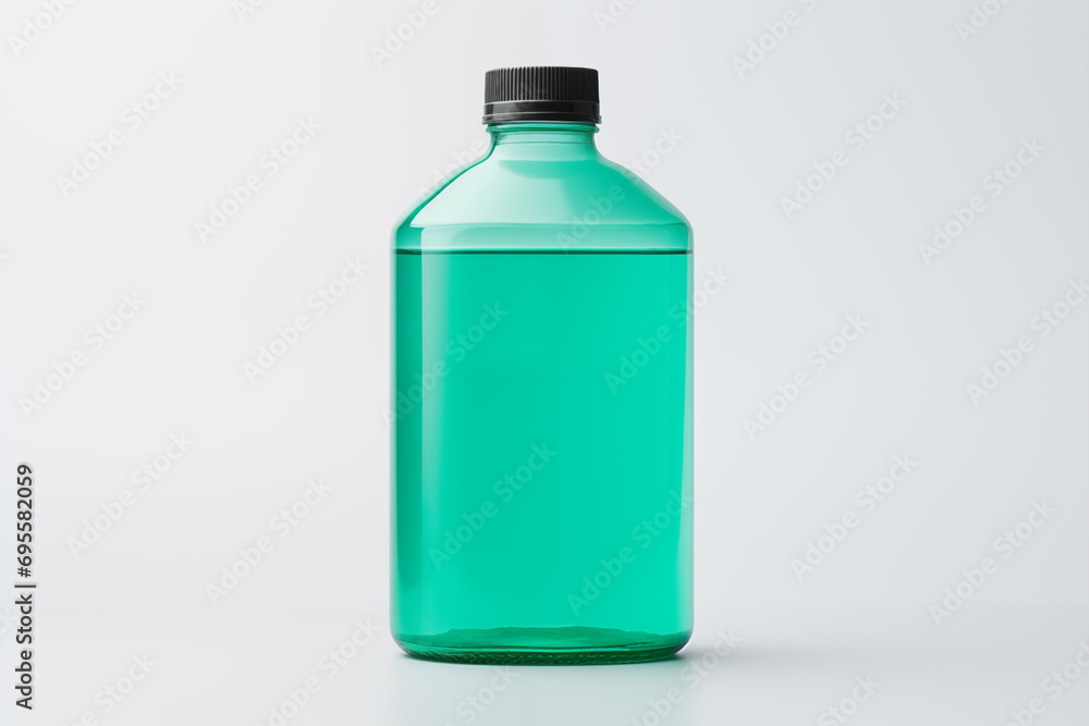 Plastic bottle with green liquid isolated on white background. Mock up. Close up Plastic bottle with green liquid isolated on white background. Mock up. Close up