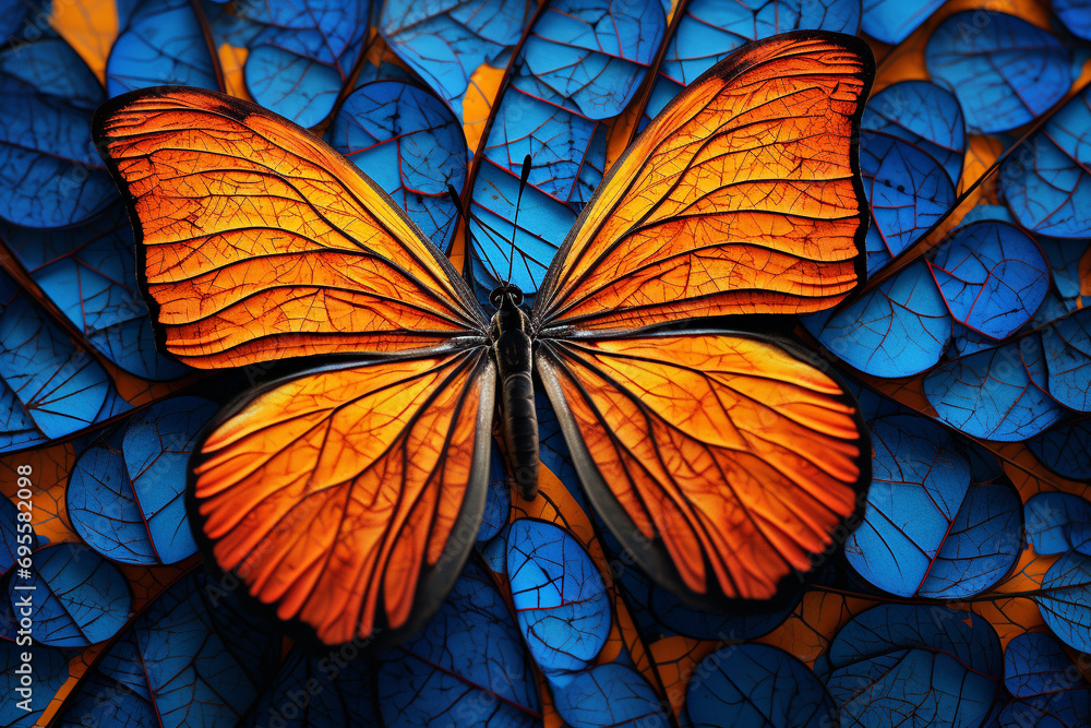 A high-definition shot showcasing the 3D complexity of a butterfly wing's patterns, adorned with vibrant, chromatic colors against a sapphire backdrop featuring a radiant orange tree.