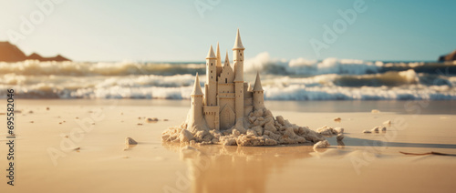 a small castle standing on the sand in the beach