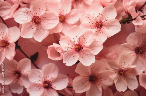 close up of pink peach flowers on pink paper