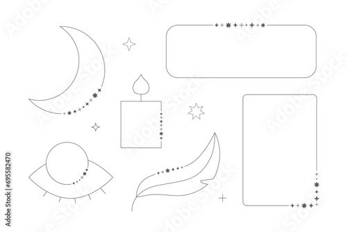 Line starlight frames. Shine sparcle stars shape windows, moon, yey, feather