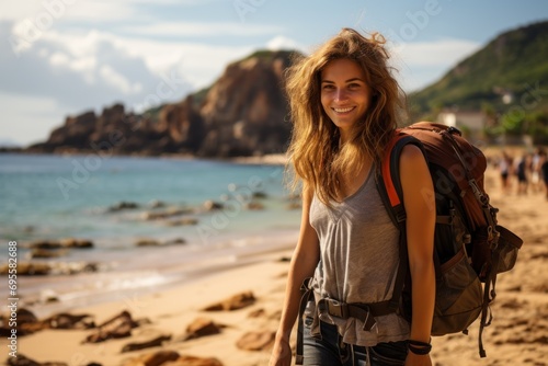  a woman standing on a beach with a backpack on her back and a body of water in the background with rocks in the foreground and mountains in the background.