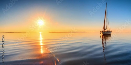 Sunset over the lake in summer. doldrums. yacht with lowered sails photo