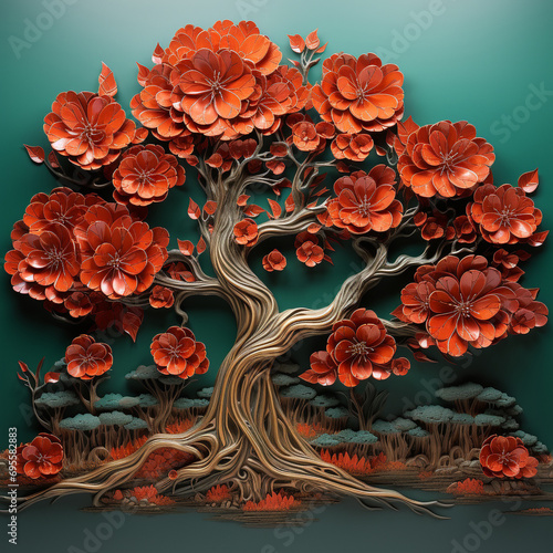 A vivid tangerine surface embellished with 3D intricate emerald-colored flower designs, complemented by a rich maroon tree.