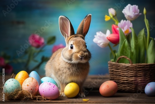 Light brown Easter fluffy cute bunny sitting on wood desk near wicker basket with tulip flowers. Many colorful eggs scattered nearby. Postcard for the Easter holiday blue shabby background © chudovert
