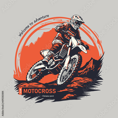 A motocross rider in dynamic motion set against a vivid orange backdrop.