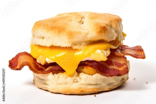 Bacon, egg, and cheese biscuit on white background