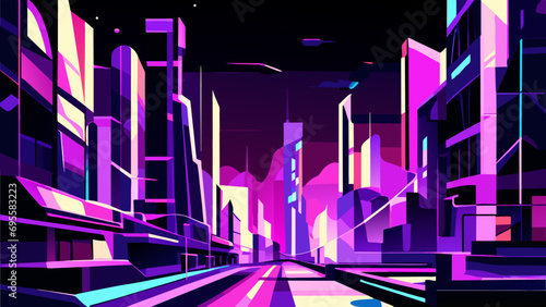 Futuristic cityscape with neon lights and skyscrapers. vektor icon illustation