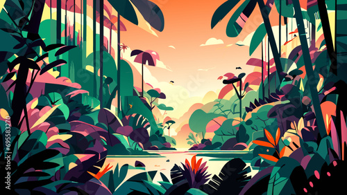 Lush rainforest with exotic flora and fauna. vektor icon illustation