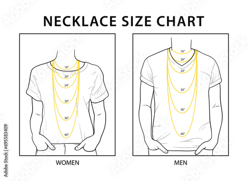 Woman and man necklace size chart on white background photo