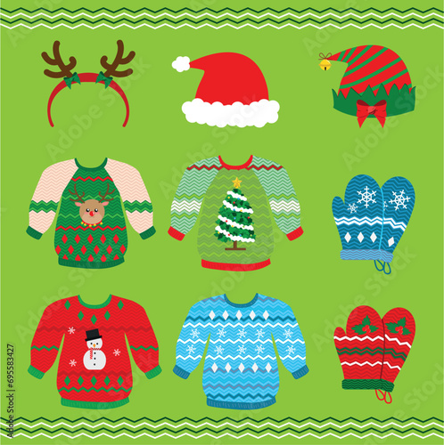 set de ilustracion vectorial de elementos de ropa navideños 