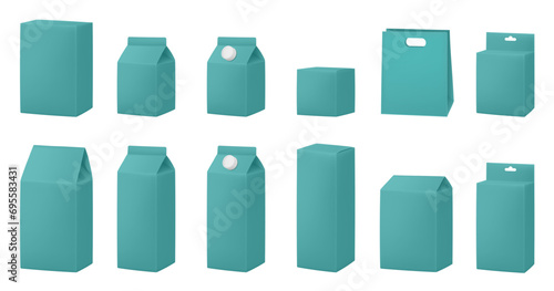 Mint green boxes for dairy products. Blank cardboard package boxes mockup. Box set. Set of juice or milk cardboard package. Vector mockup. Realistic carton package with cap. Hanging hole. Shopping bag