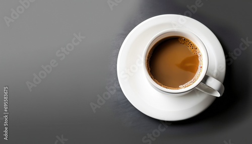 Cup of delicious hot coffee seen from above, isolated on black background with a large copy space. Generative AI