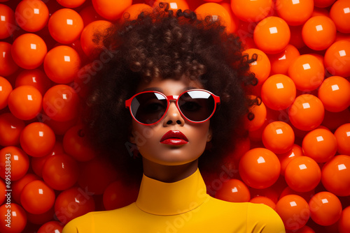 Black woman with an afro and sunglasses in front of orange balls.