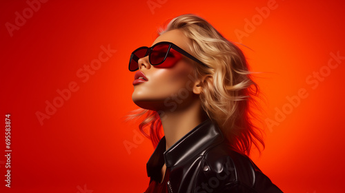 Wallpaper Mural A woman wearing a pair of sunglasses and a leather jacket against an orange background. Torontodigital.ca