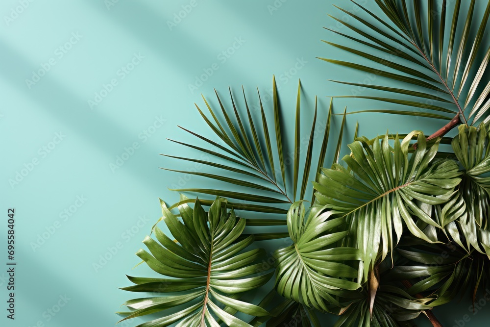  a close up of a green leafy plant on a blue background with a shadow of a palm tree on the left side of the image and a blue background.