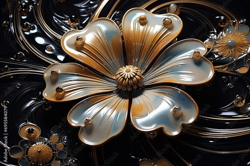 Luxurious swirls of shimmering gold and obsidian liquid marble fractal flowers blooming gracefully on a captivating resin geode backdrop. - obrazy, fototapety, plakaty 