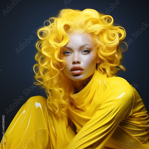 Beautiful young woman with bright yellow curly hair, in the style of a futuristic fantasy.