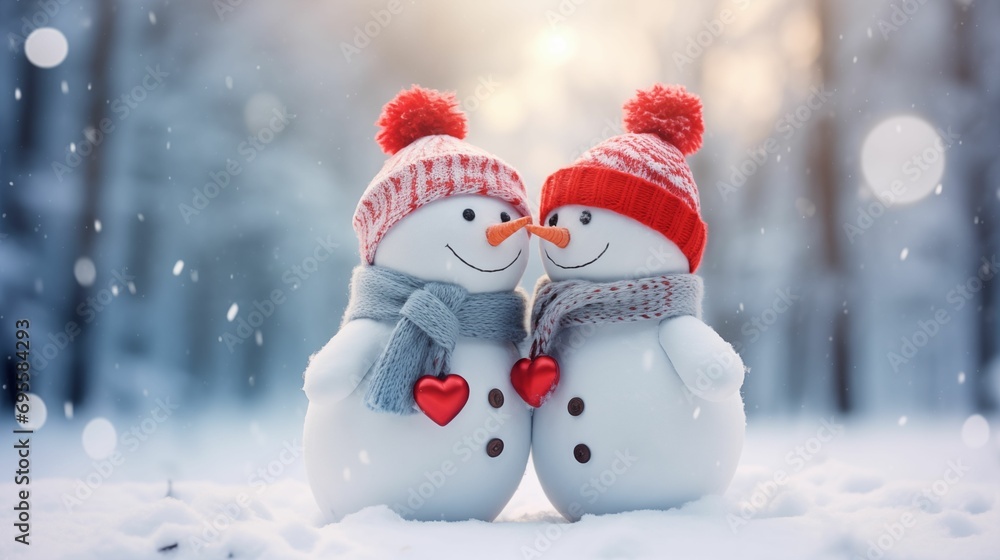 Two little lovely snowmen huging in the snow Two little lovely snowmen huging in the snow