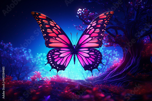 The intricate 3D symphony of colors on a butterfly wing, resembling an artful tapestry, against a royal blue background with a luminous magenta tree.