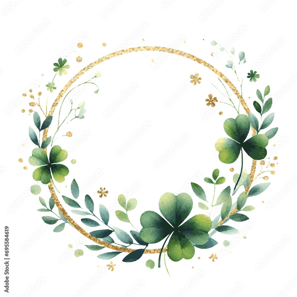 green clover leaves and gloden round frame watercolor paint for holiday card decor