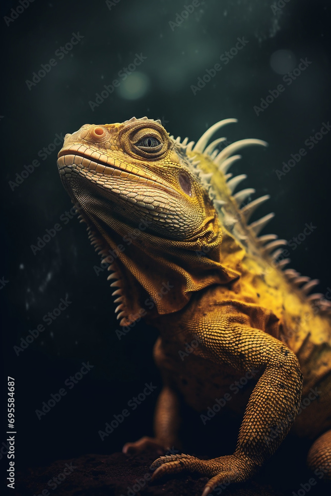 a yellow iguana at tree in a dark background created with Generative Ai a yellow iguana at tree in a dark background created with Generative Ai
