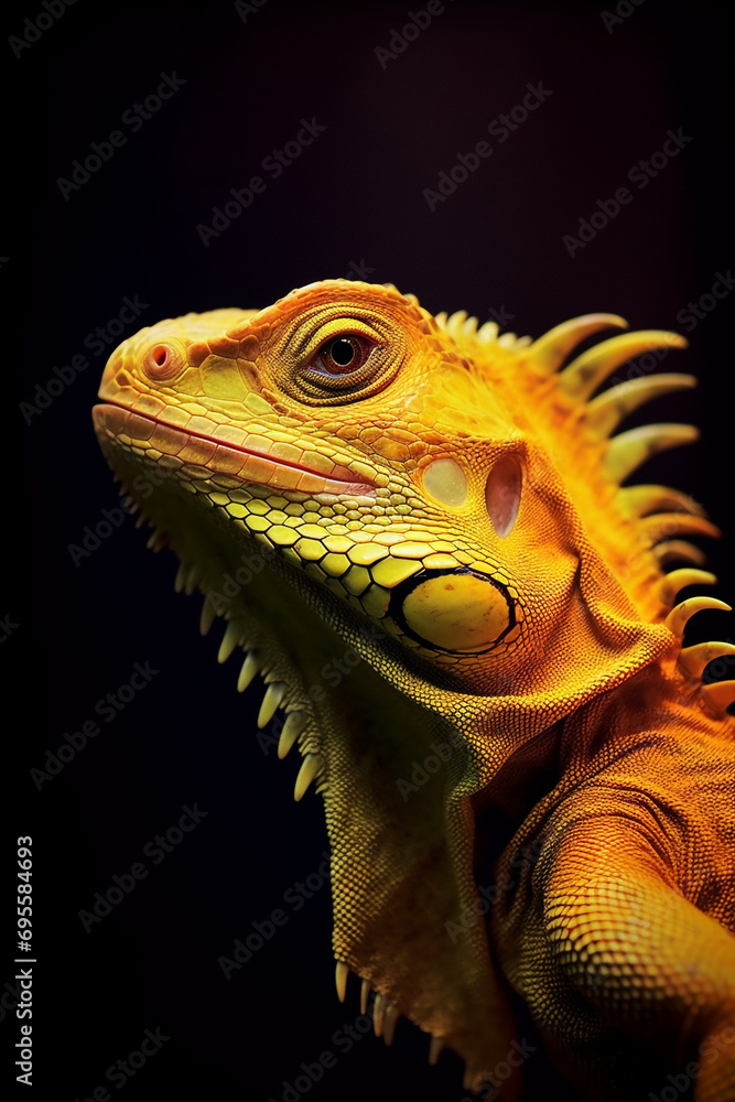 Fototapeta premium a yellow iguana at tree in a dark background created with Generative Ai