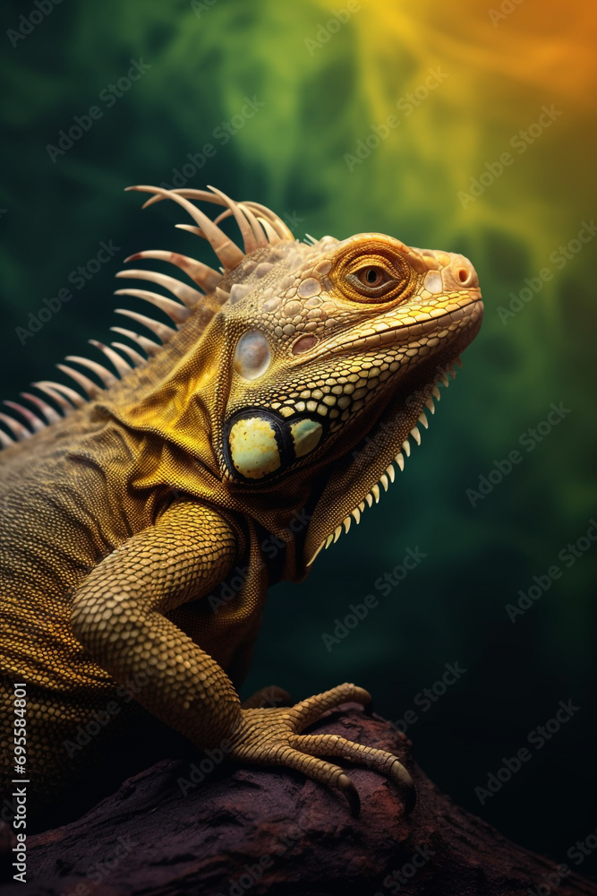 a yellow iguana at tree in a dark background created with Generative Ai
