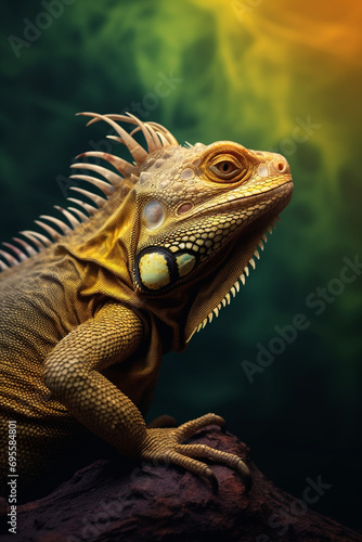 a yellow iguana at tree in a dark background created with Generative Ai © Andrii Yablonskyi