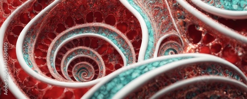 a close up of a red and blue spiral