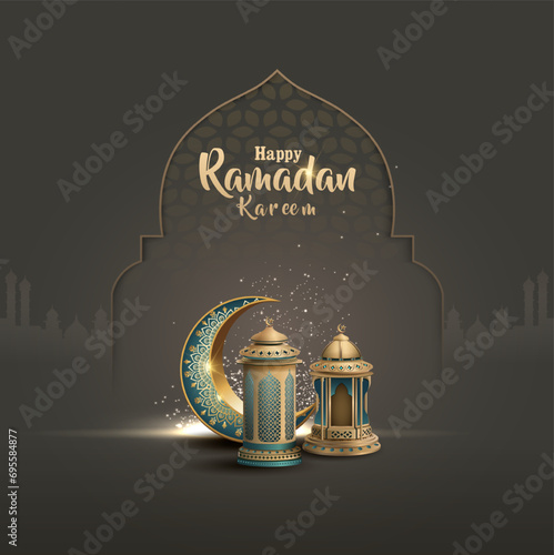 islamic greetings ramadan kareem card design with crescent and lanterns