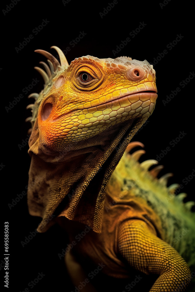 a yellow iguana at tree in a dark background created with Generative Ai a yellow iguana at tree in a dark background created with Generative Ai