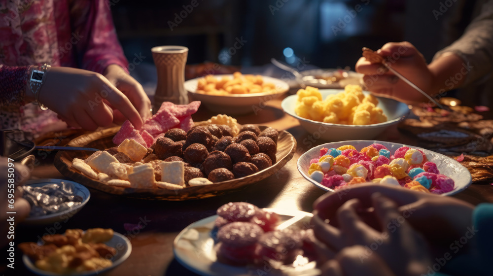 Friends sharing traditional snacks and sweets.