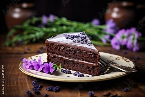 a piece of chocolate cake with frosting and purple flowers on a plate with a knife and fork on a wooden table with purple flowers and teapots in the background.