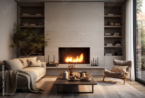 A cozy living room with a fireplace and a couch Generative AI © BIPUL