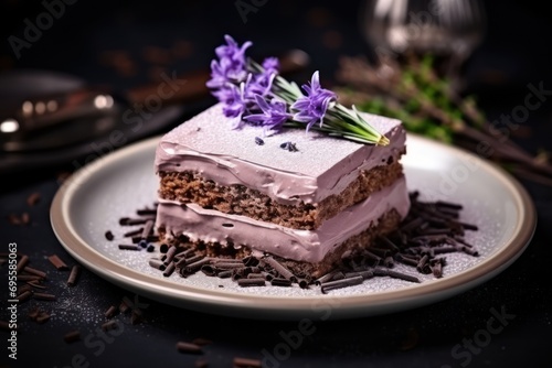  a white plate topped with a piece of cake covered in frosting and purple flowers on top of chocolate sprinkled sprinkles and sprinkles.