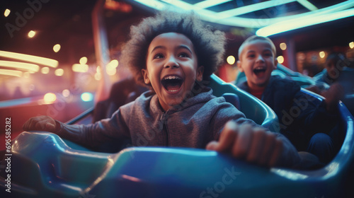 Kids excitedly riding bumper cars. photo